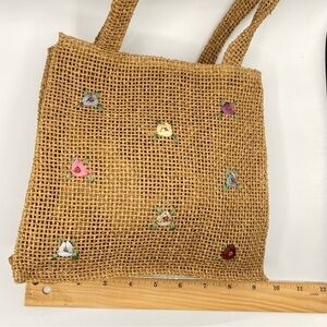 Small Handcrafted Tan Woven Tote Bag with Broiderie Little Flowers